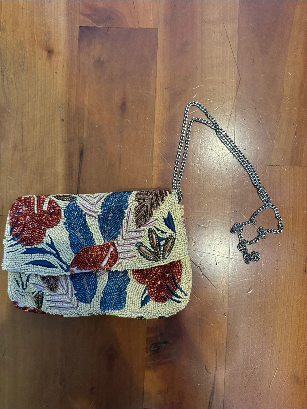 Beaded Floral Crossbody Bag in Red, Blue & Cream